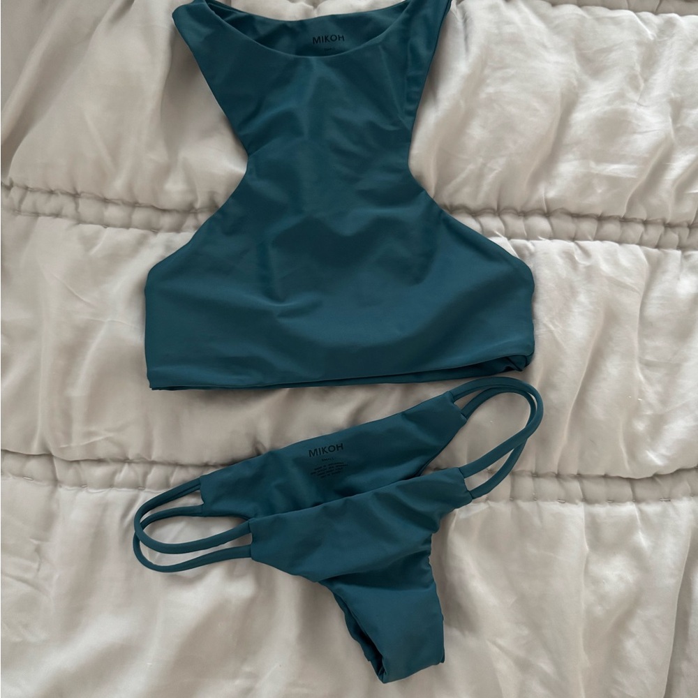 MIKOH two-piece Swimsuit Set Small/ XS teal High Neck Top Low Rise Bikini